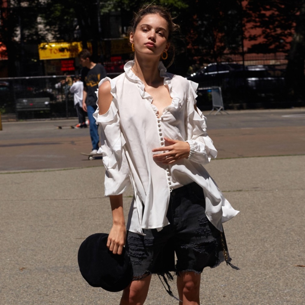 The Kooples Silk Georgette Ruffled Cold Shoulder Blouse - NWT!